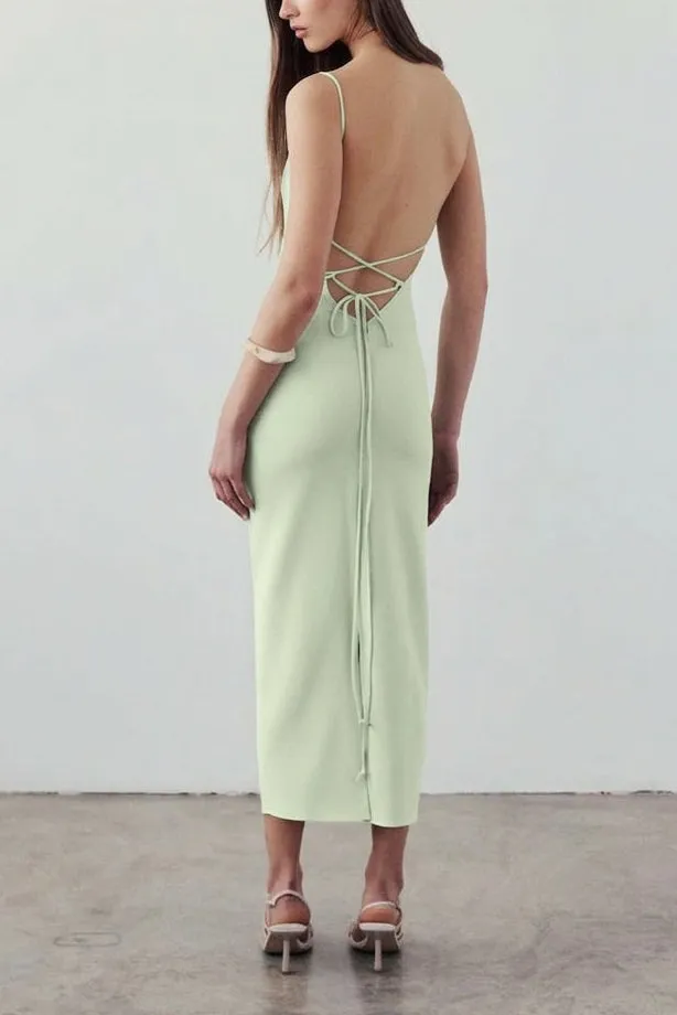 Arannia Khaki | Fitted Midi Dress with Laced Back by Arti Gogna sold by Boutique 1861 product image thumbnail 2