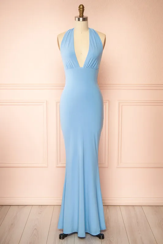 Caiden Light Blue | Halter V Neck Open Back Mermaid Dress made by Boutique 1861