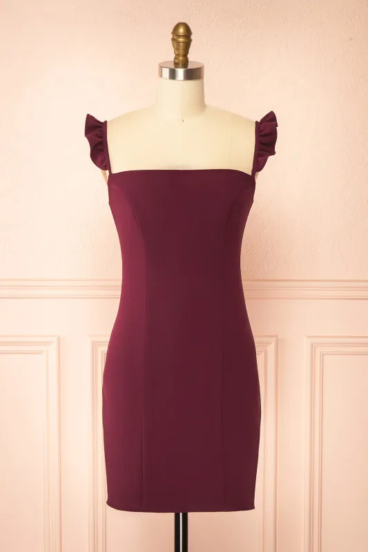 Palora Burgundy | Short Dress with Ruffled Straps by Arti Gogna made by Boutique 1861
