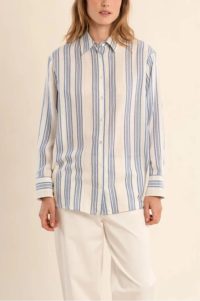 Saharsa | Blue Oversized Pinstripe Shirt with Gold Metallic Detail sold by Boutique 1861 product image thumbnail 2