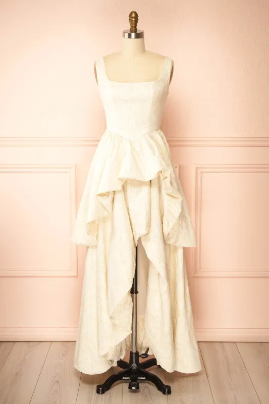 Kaeris Ivory | Floral Shimmering Jacquard High-Low Dress made by Boutique 1861