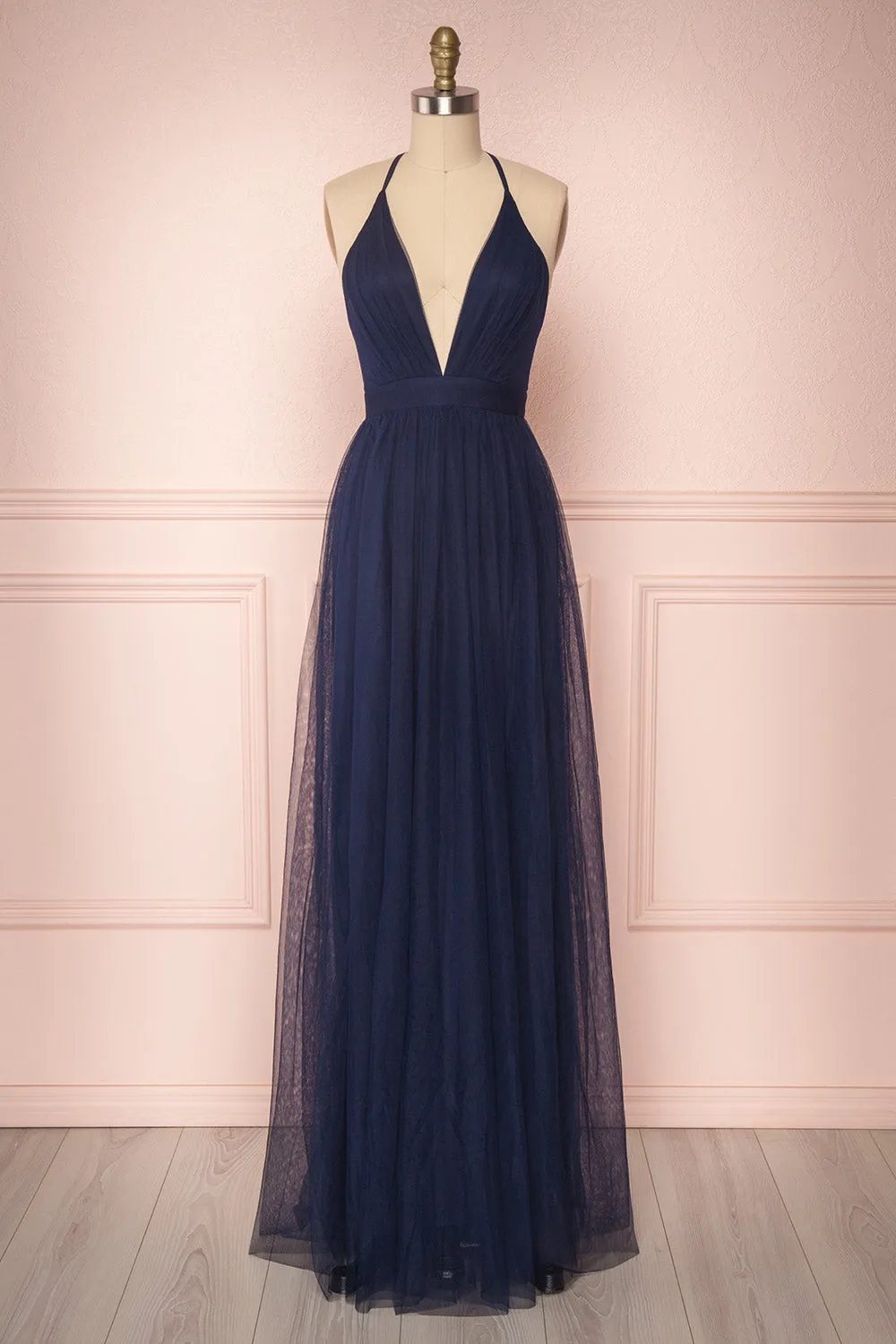 Aliki Midnight | Blue Mesh Gown sold by Boutique 1861