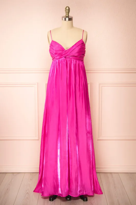 Eowyn | Silky Pleated Fuchsia Maxi Dress sold by Boutique 1861