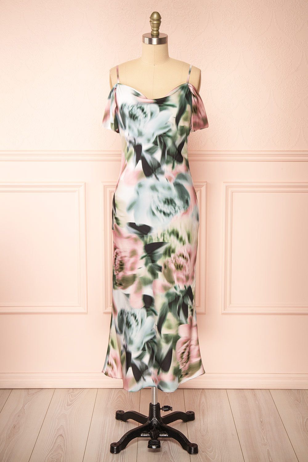 Nefera | Colorful Blurry Floral Satin Dress sold by Boutique 1861