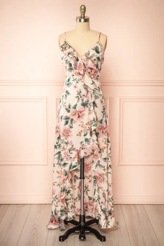 Veleda Taupe | Floral Maxi Dress with Ruffles sold by Boutique 1861