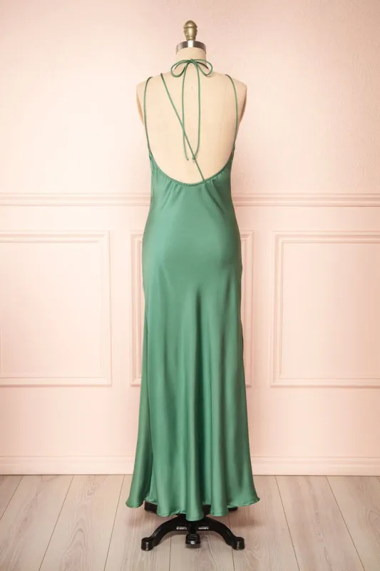 Nairobi Green | Satin Maxi Dress w/ Open Back sold by Boutique 1861