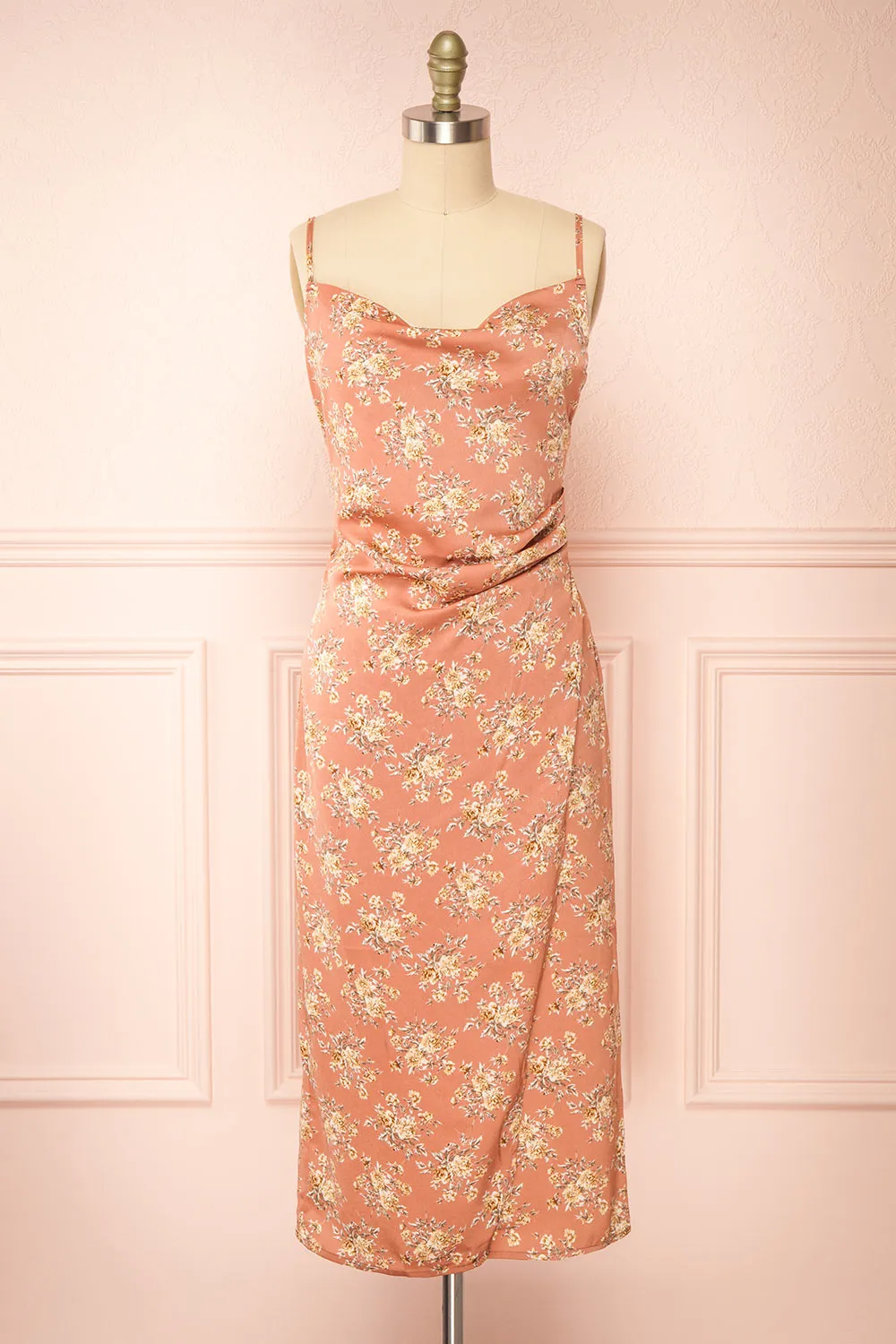 Calliope Pink | Cowl Neck Floral Midi Dress sold by Boutique 1861
