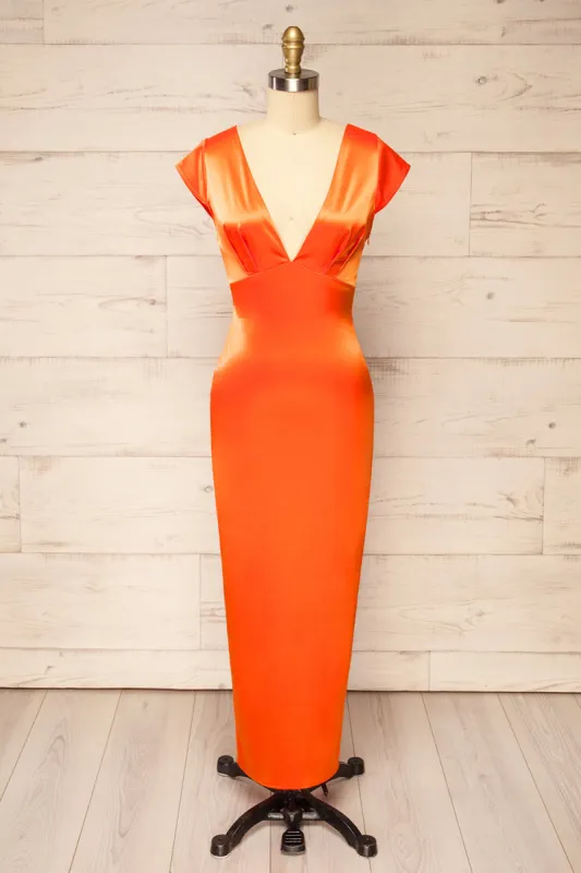 Orabelle | Fitted Orange Satin Midi Dress sold by Boutique 1861