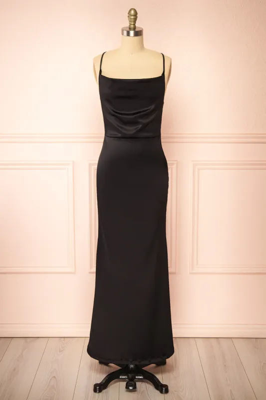 Alexia Black | Long Satin Mermaid Dress w/ Cowl Neck sold by Boutique 1861