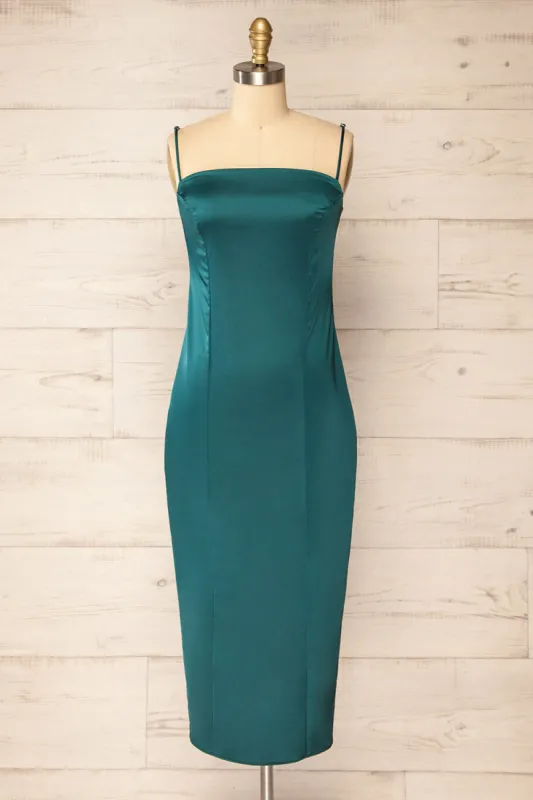 Korina Green | Fitted Satin Midi Dress sold by Boutique 1861
