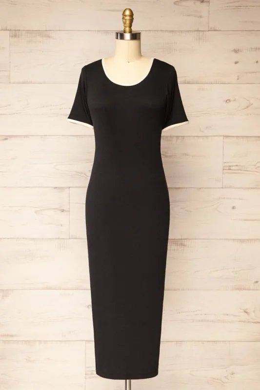 Phloriane Black | Ribbed Midi Dress w/ Ivory Trim sold by Boutique 1861