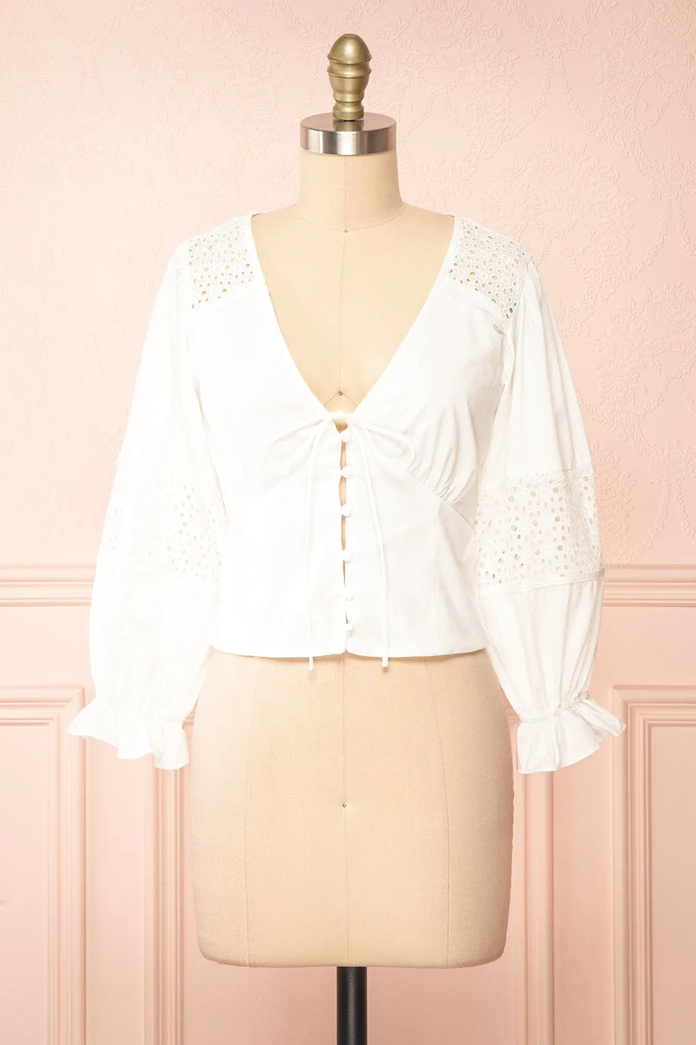 Vasilisa | White Button-Up Top w/ Openwork sold by Boutique 1861