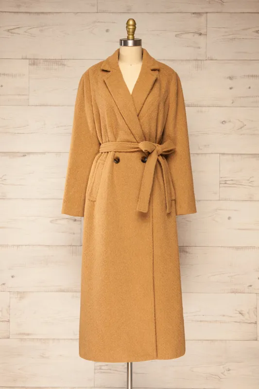 Kilmersdon | Long Caramel Felt Coat sold by Boutique 1861