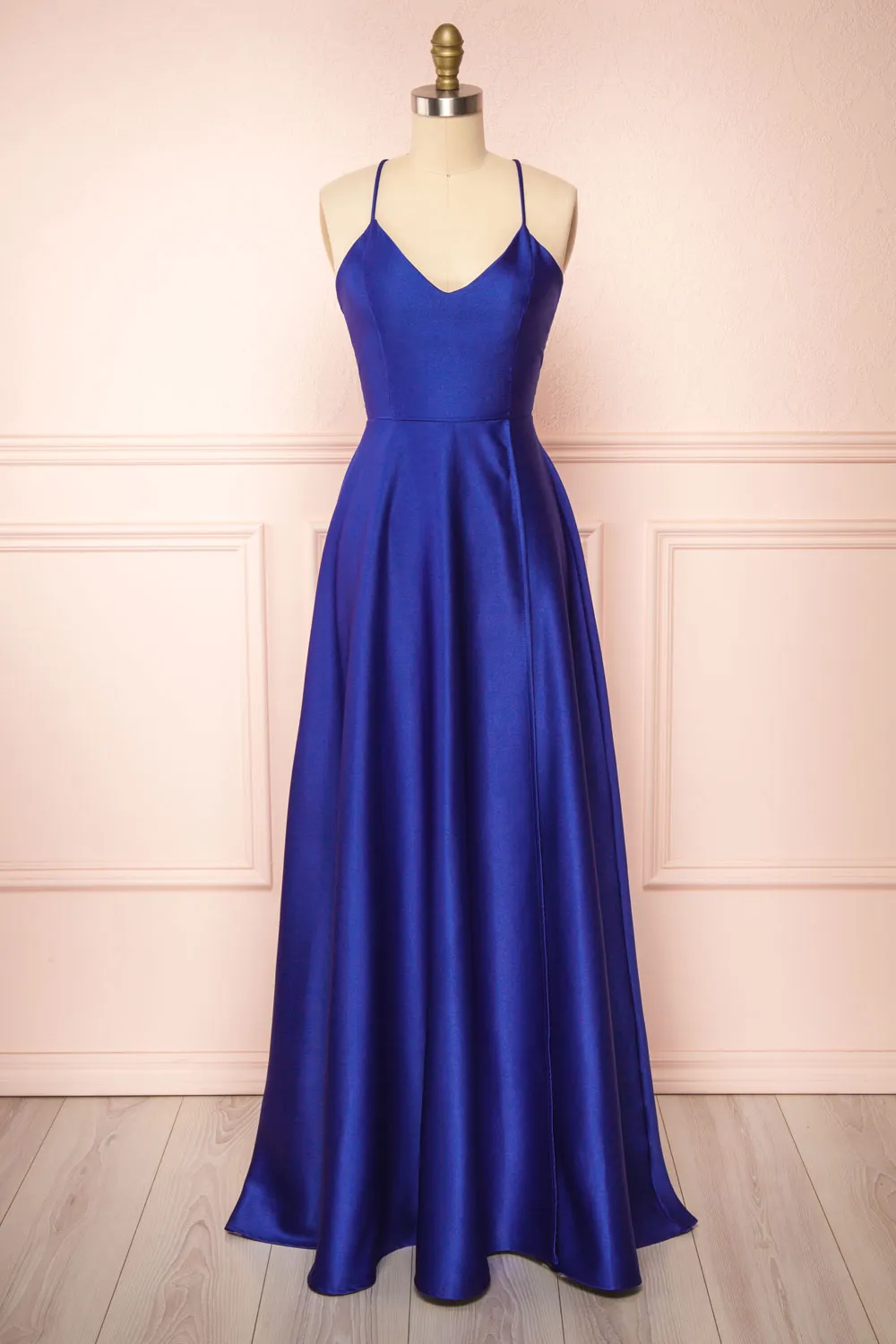 Julia Blue | Satin Maxi Dress with High Slit sold by Boutique 1861