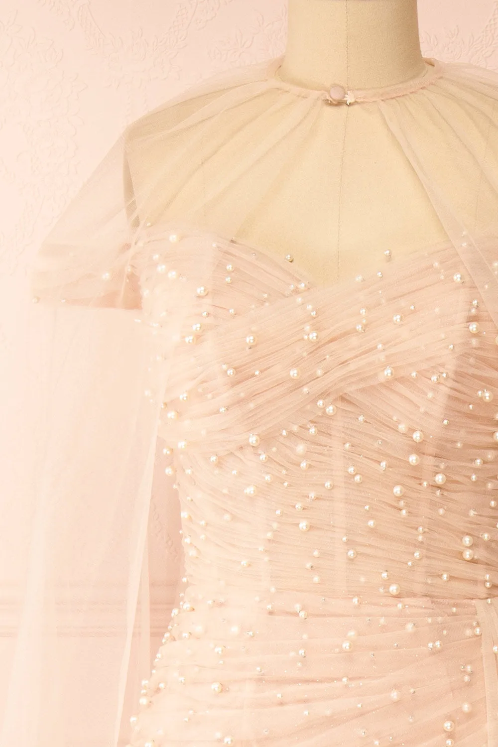 Orphee | Pink Pleated Gown w/ Pearls & Cape sold by Boutique 1861 product image thumbnail 3