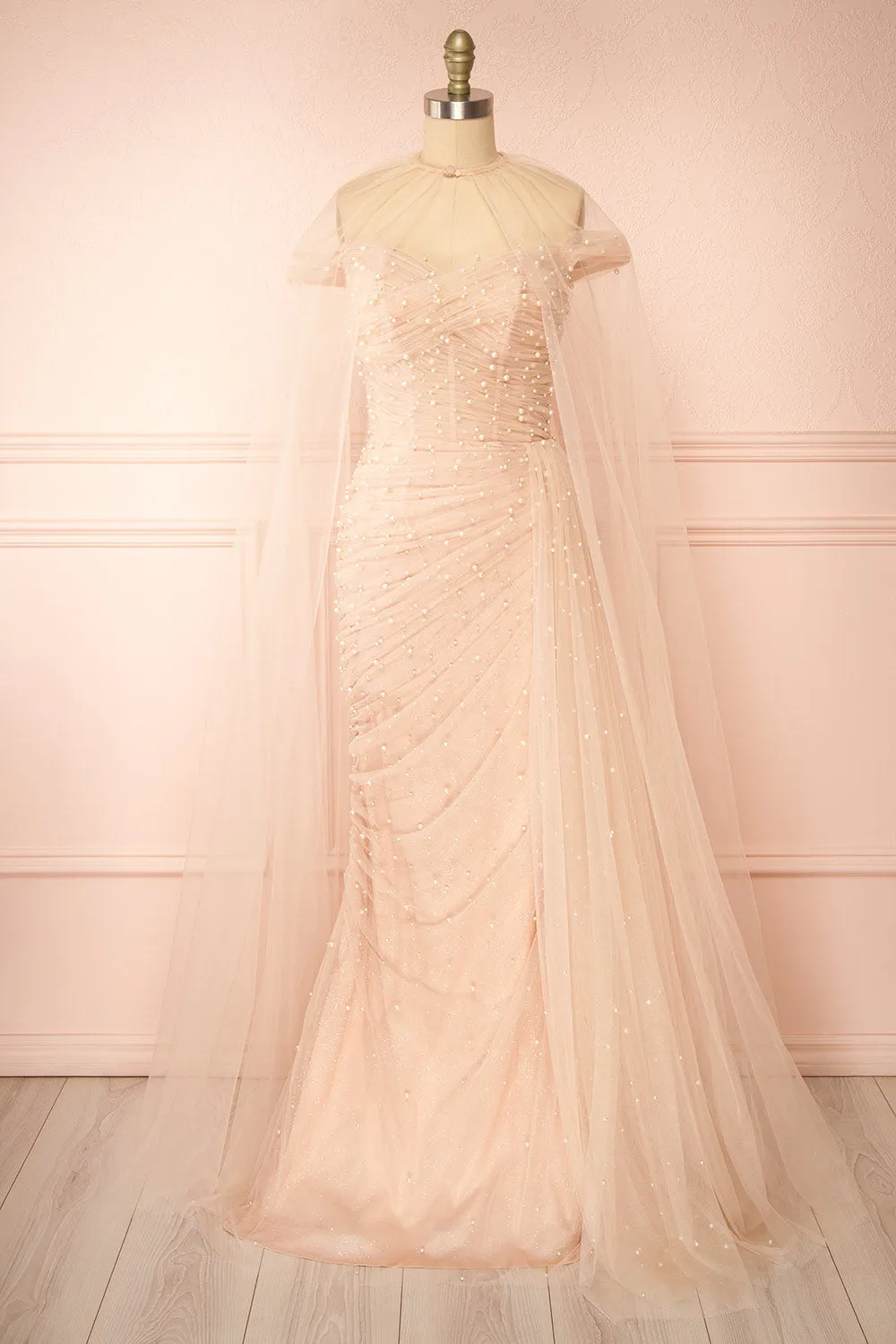 Orphee | Pink Pleated Gown w/ Pearls & Cape sold by Boutique 1861 product image thumbnail 2