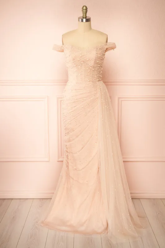 Orphee | Pink Pleated Gown w/ Pearls & Cape sold by Boutique 1861