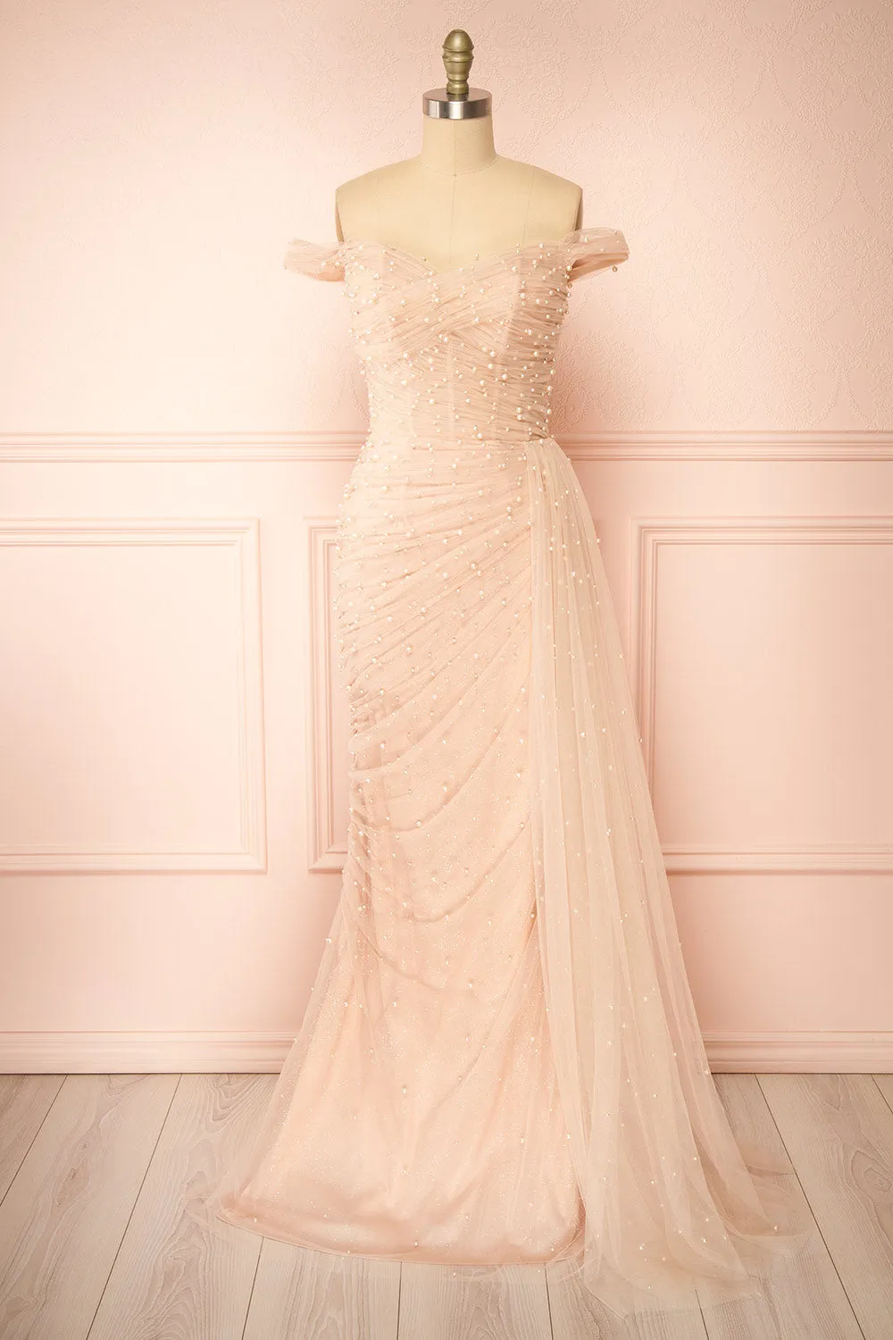 Orphee | Pink Pleated Gown w/ Pearls & Cape sold by Boutique 1861