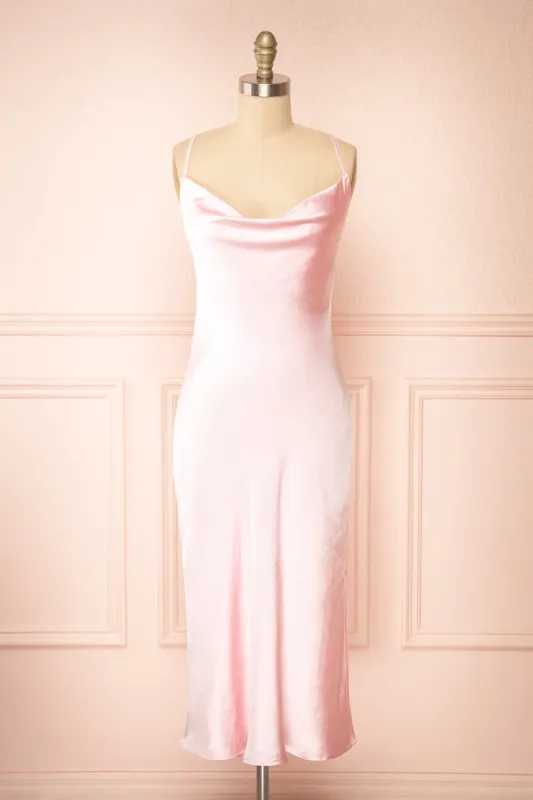 Jessie Pink | Cowl Neck Satin Slip Dress w/ Open Back sold by Boutique 1861