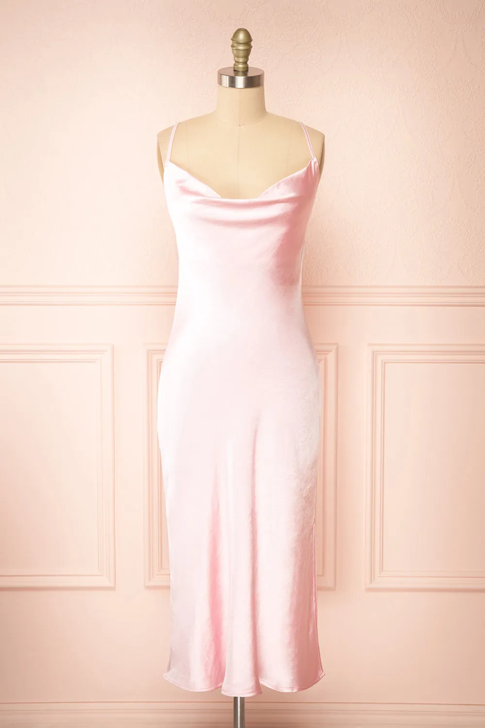 Jessie Pink | Cowl Neck Satin Slip Dress w/ Open Back sold by Boutique 1861