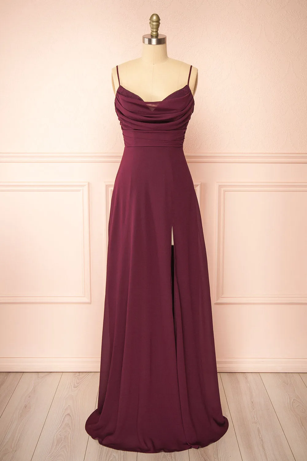 Kieran Burgundy | A-Line Maxi Dress with Lace sold by Boutique 1861