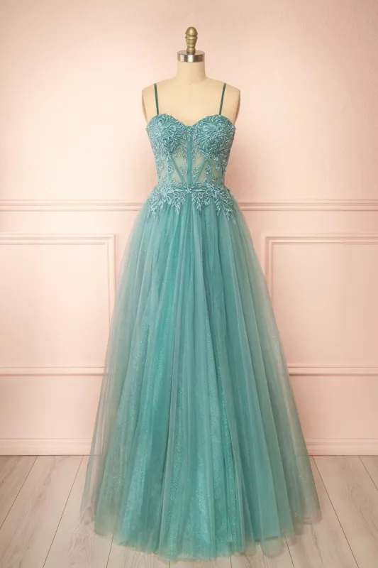 Penelope | Sparkling Teal Maxi Tulle Dress sold by Boutique 1861