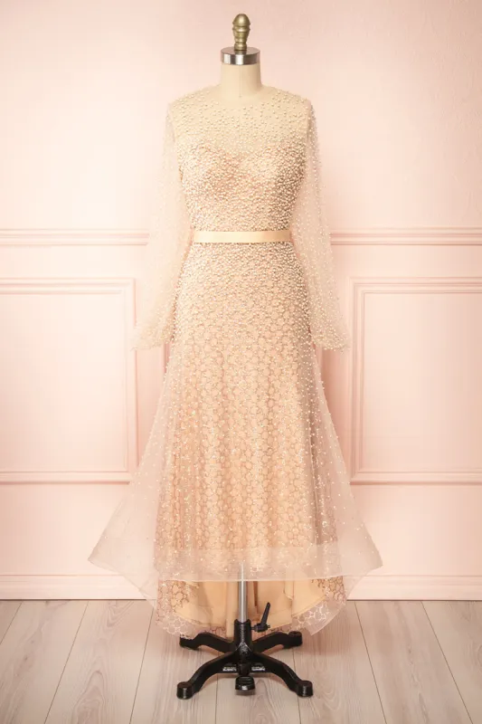 Laelia | Long Sleeve Beaded High-Low Midi Dress sold by Boutique 1861