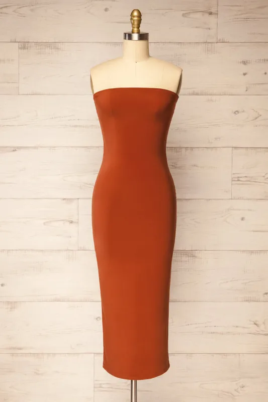 Victorya Rust | Strapless Fitted Midi Dress sold by Boutique 1861