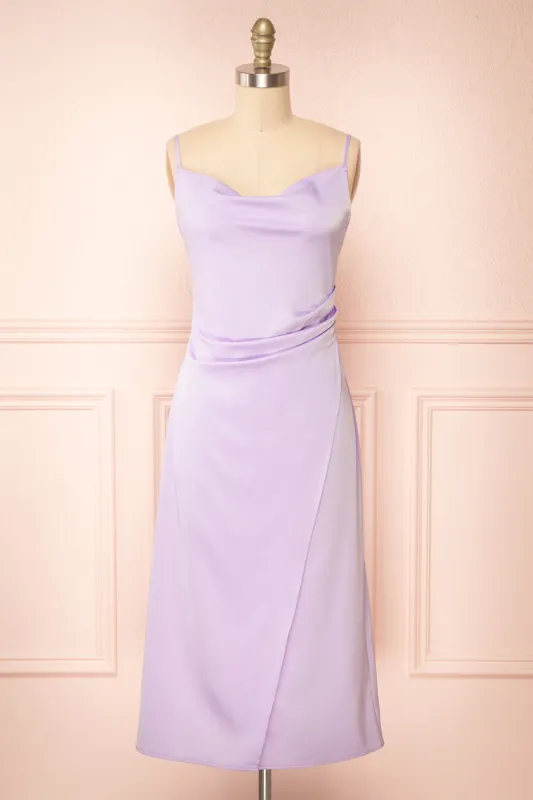 Chloe Lilac | Cowl Neck Satin Midi Slip Dress sold by Boutique 1861