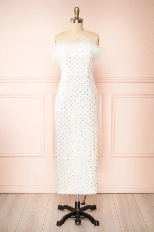 Mayurika | White Strapless Sequin Midi Dress w/ Feathers sold by Boutique 1861