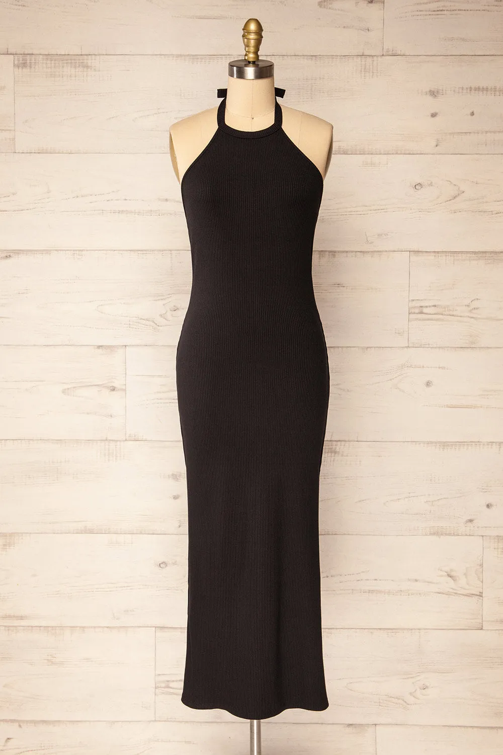 Anikara | Black Ribbed Midi Halter Dress sold by Boutique 1861