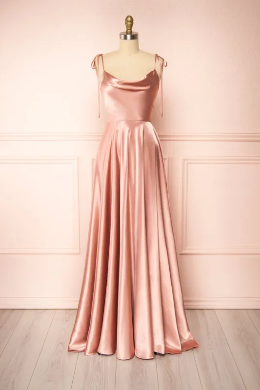 Moira Pink | Cowl Neck Satin Maxi Dress w/ High Slit sold by Boutique 1861