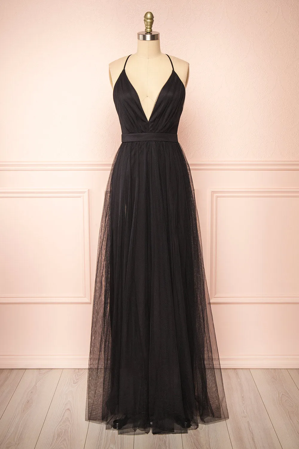 Ilaria Black | Tulle Gown with Plunging Neckline sold by Boutique 1861