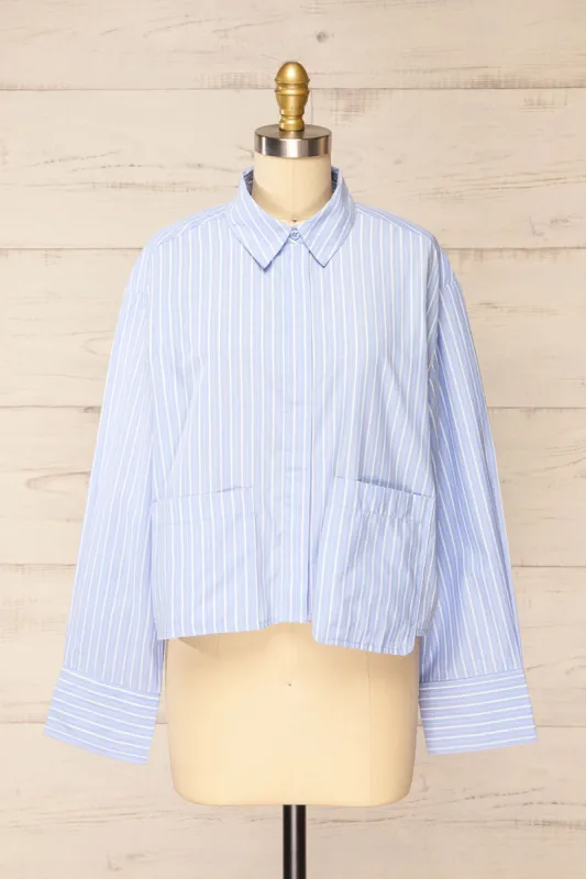 Gotham Blue | Striped Cropped Shirt w/ Asymmetrical Pockets sold by Boutique 1861