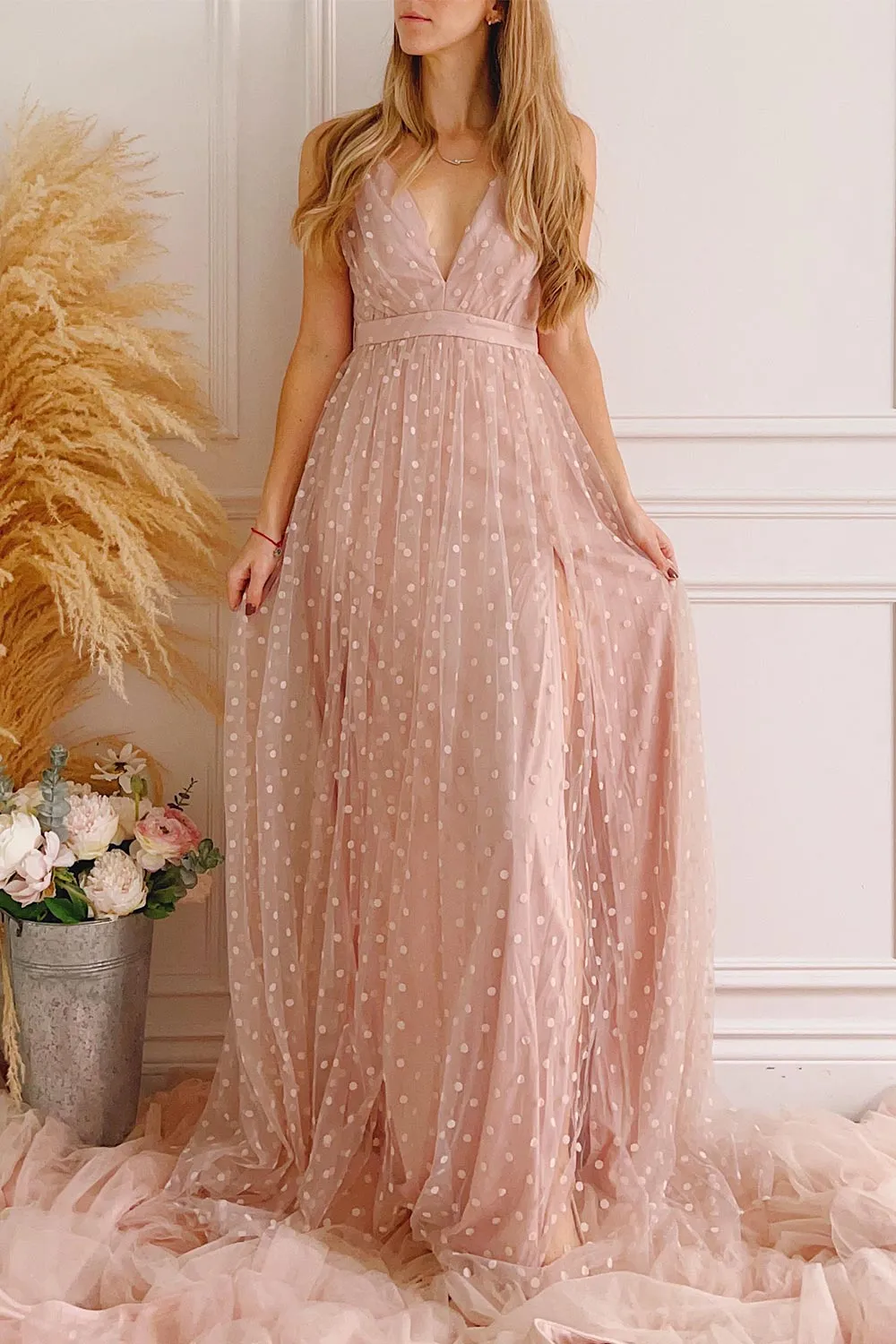 Margarida | Polka Dot Pink Tulle Maxi Dress sold by Boutique 1861 product image thumbnail 2
