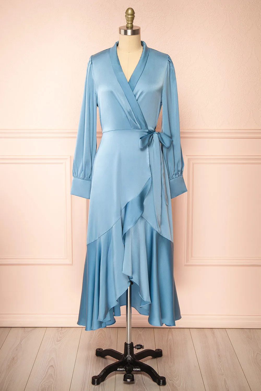 Akamari | Long Satin Blue Wrap Dress sold by Boutique 1861