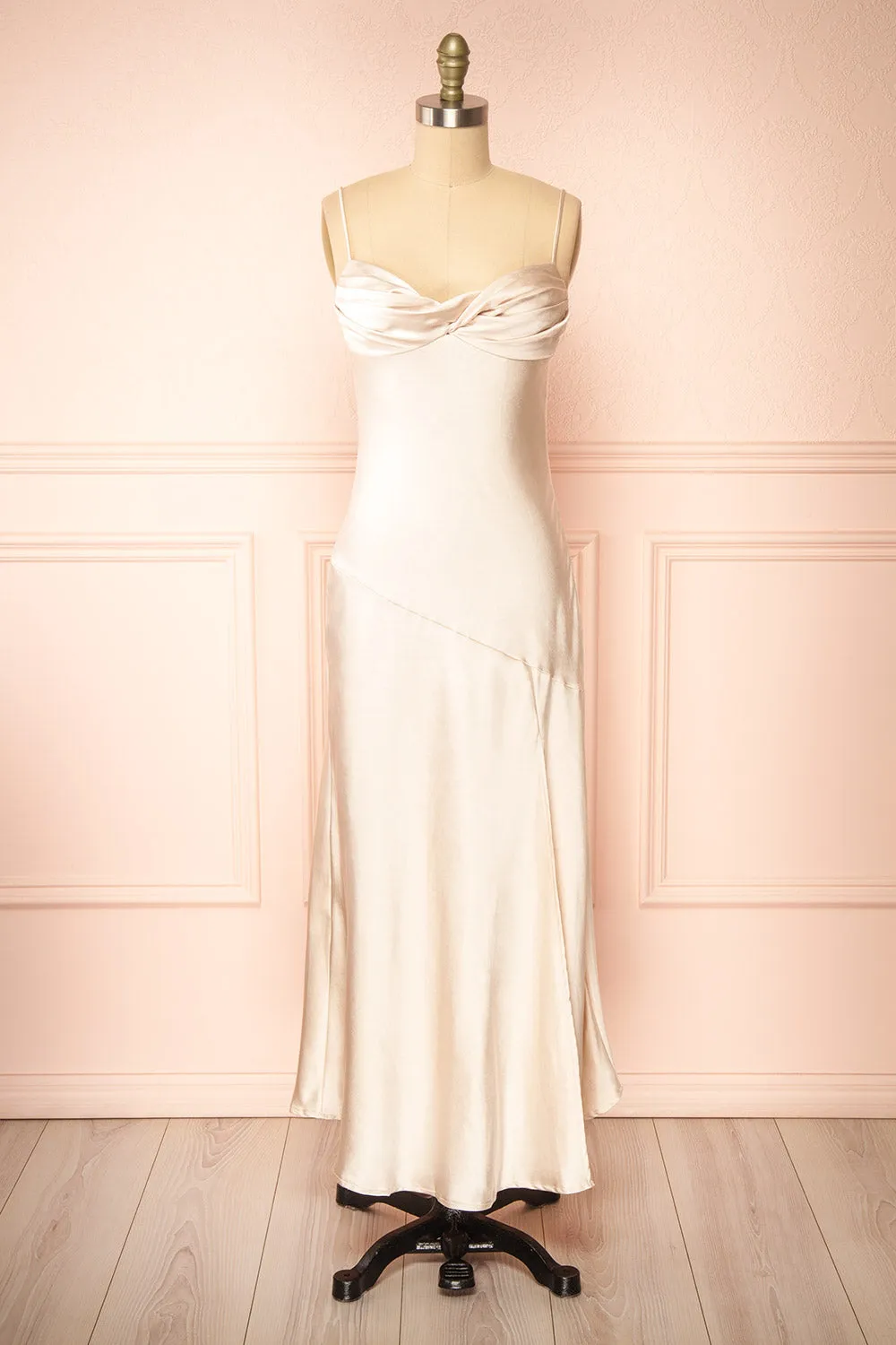 Swannie | Champagne Satin Slip Maxi Dress sold by Boutique 1861