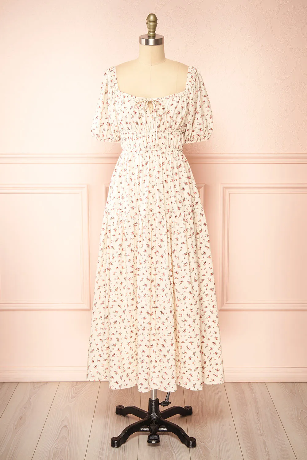 Soraya | Beige Maxi Dress w/ Pink Floral Pattern sold by Boutique 1861