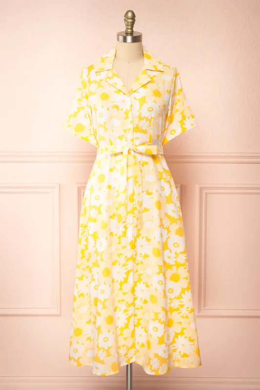 Zahrada | Yellow Floral Midi Shirt Dress sold by Boutique 1861