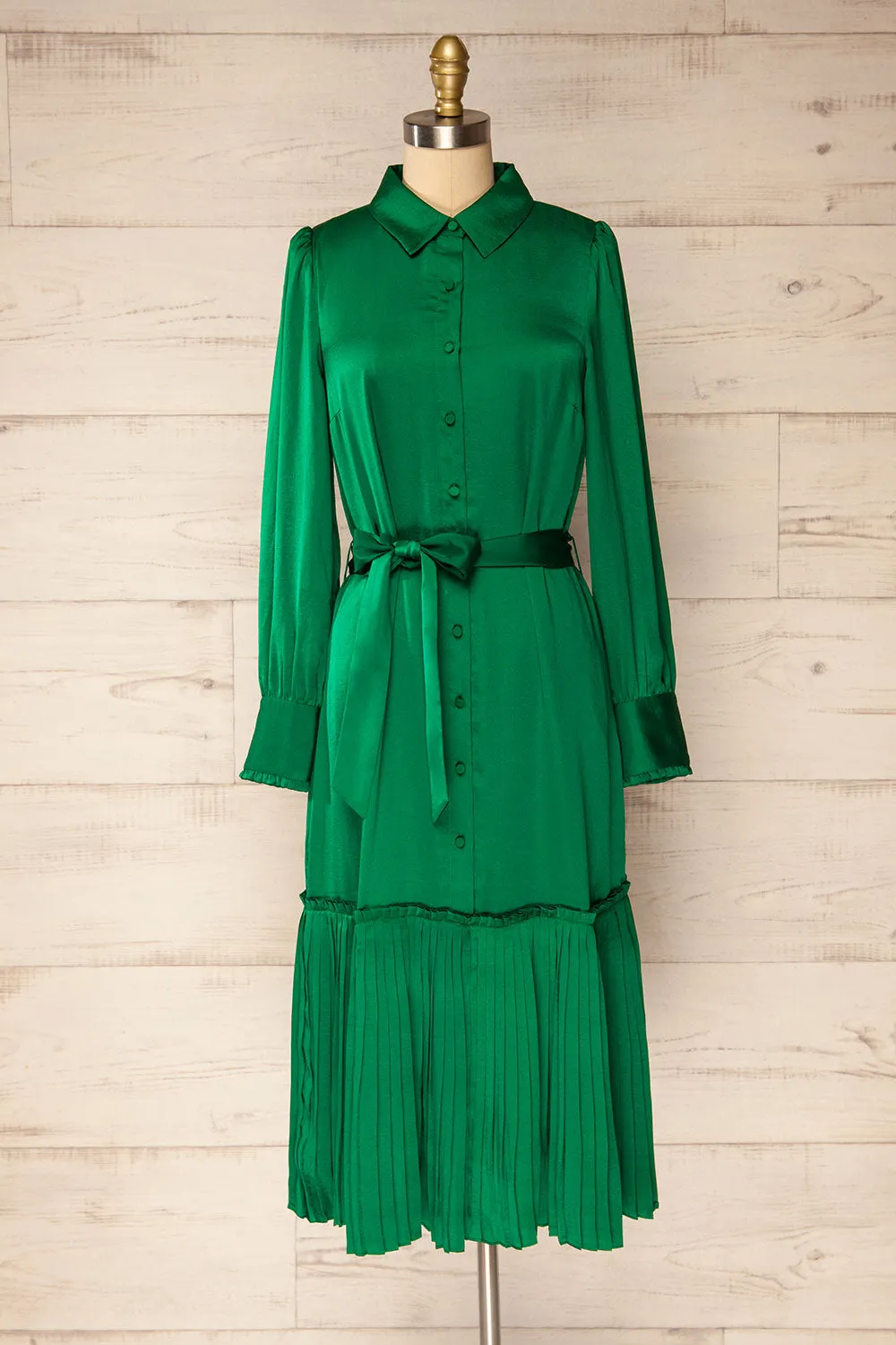 Doha | Green Satin Midi Dress w/ Belt sold by Boutique 1861