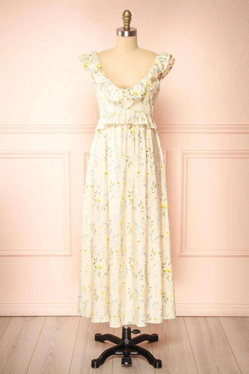 Lazdah | Beige Silky Midi Dress w/ Floral Pattern sold by Boutique 1861