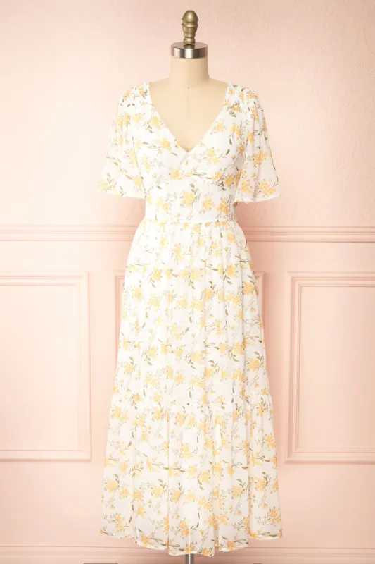 Cillian | Yellow Floral Midi Dress w/ Fabric Belt sold by Boutique 1861