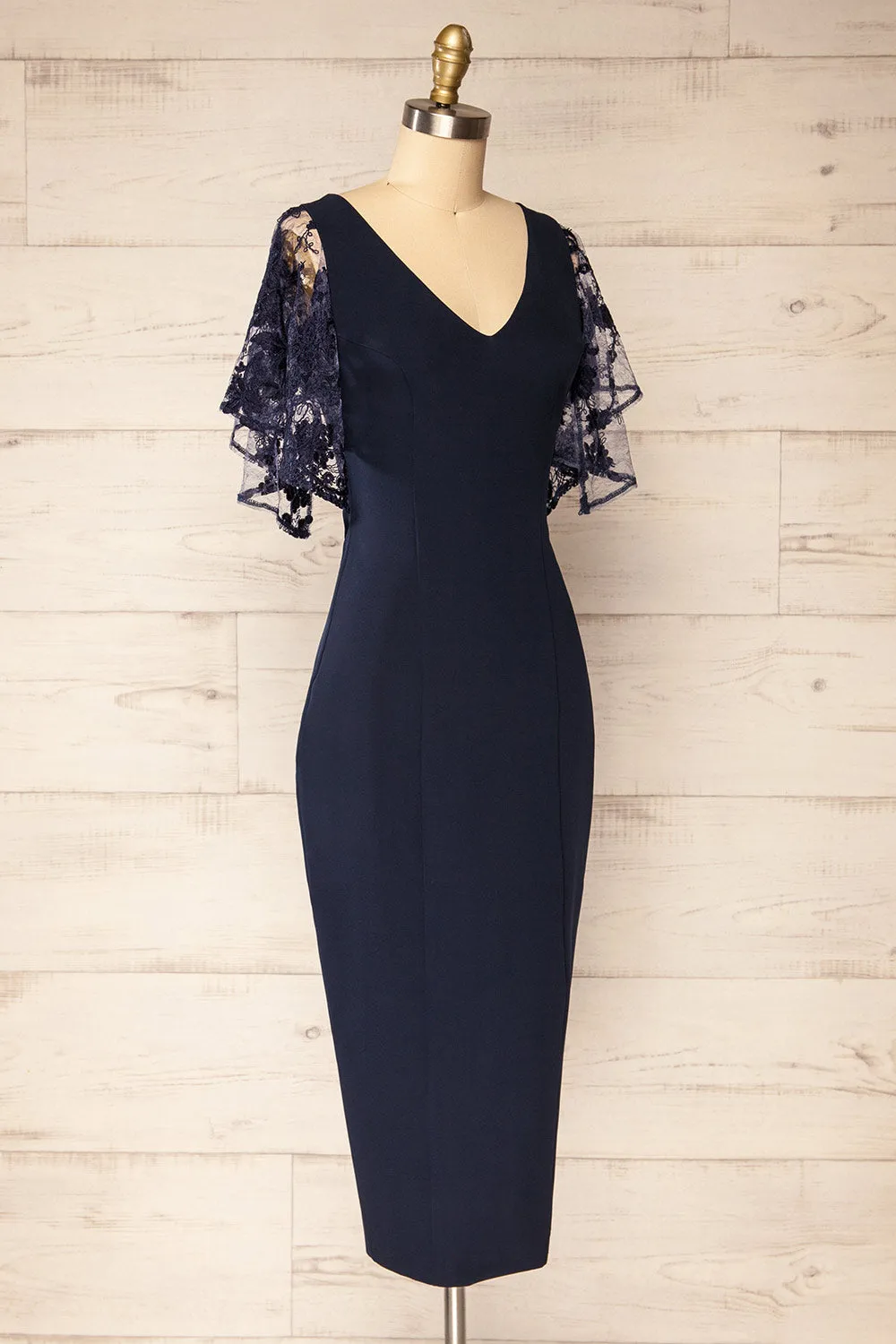 Myrania Navy | Fitted Midi Dress w/ Embroidered Sleeves sold by Boutique 1861 product image thumbnail 3