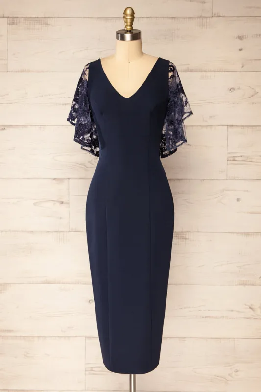 Myrania Navy | Fitted Midi Dress w/ Embroidered Sleeves sold by Boutique 1861