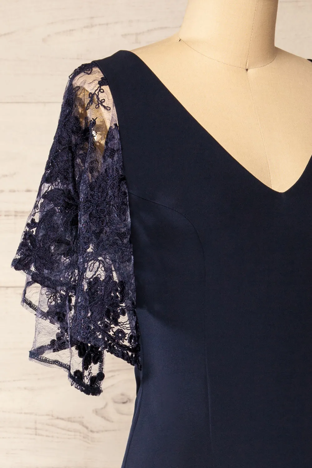 Myrania Navy | Fitted Midi Dress w/ Embroidered Sleeves sold by Boutique 1861 product image thumbnail 4