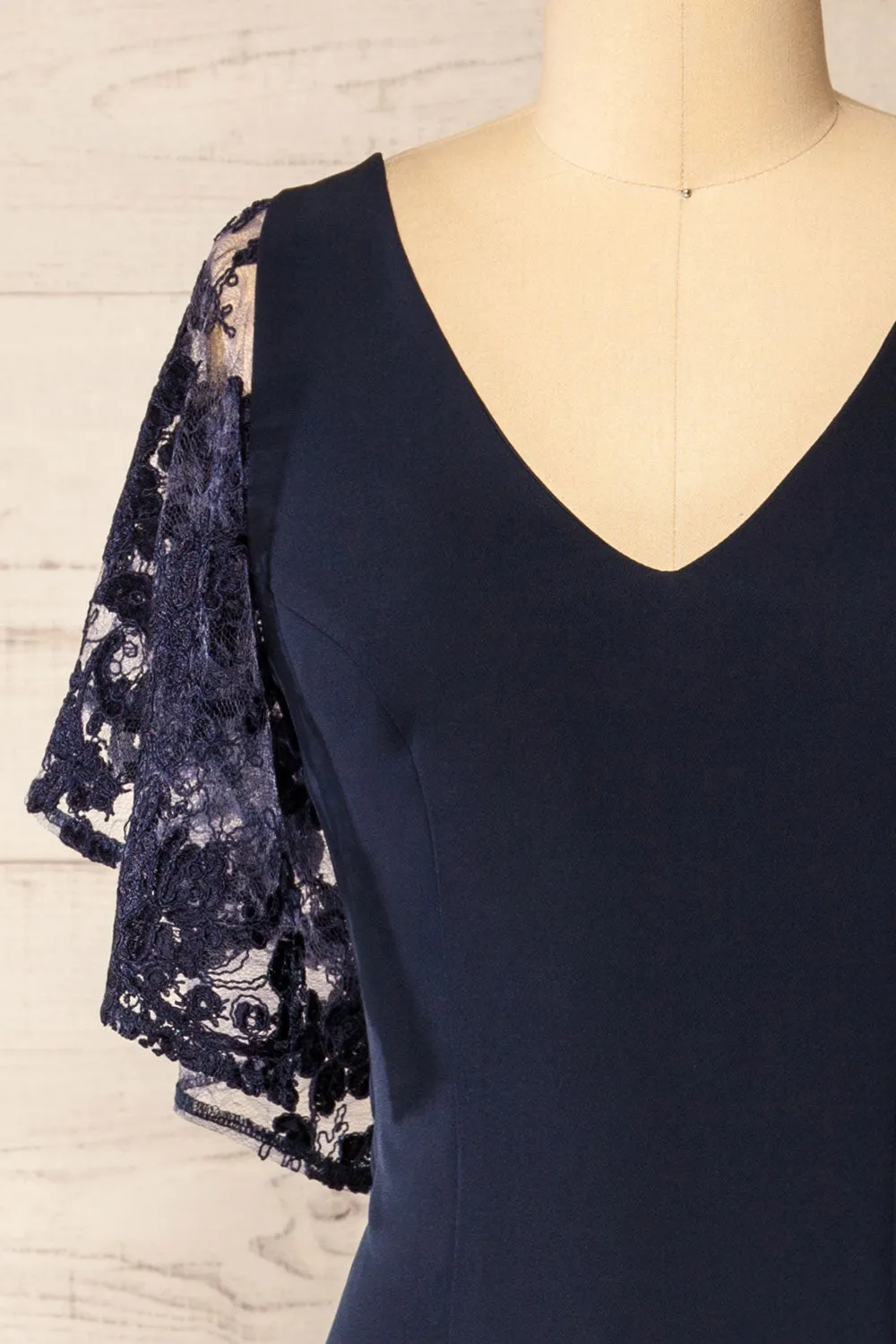 Myrania Navy | Fitted Midi Dress w/ Embroidered Sleeves sold by Boutique 1861 product image thumbnail 2