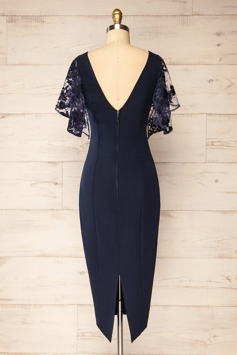 Myrania Navy | Fitted Midi Dress w/ Embroidered Sleeves sold by Boutique 1861 product image thumbnail 5