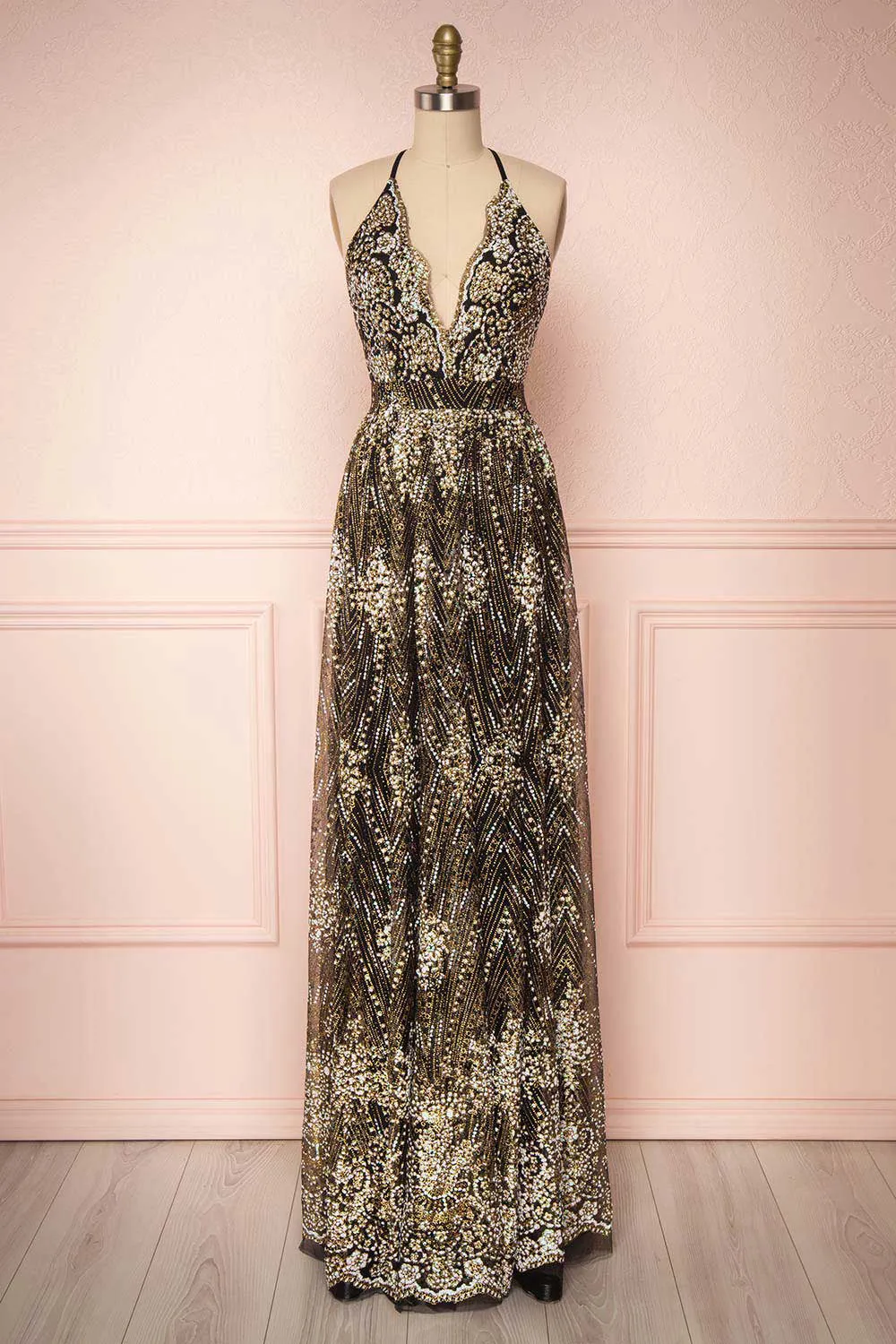 Sharidan Black | Glitter Mesh Maxi Dress sold by Boutique 1861