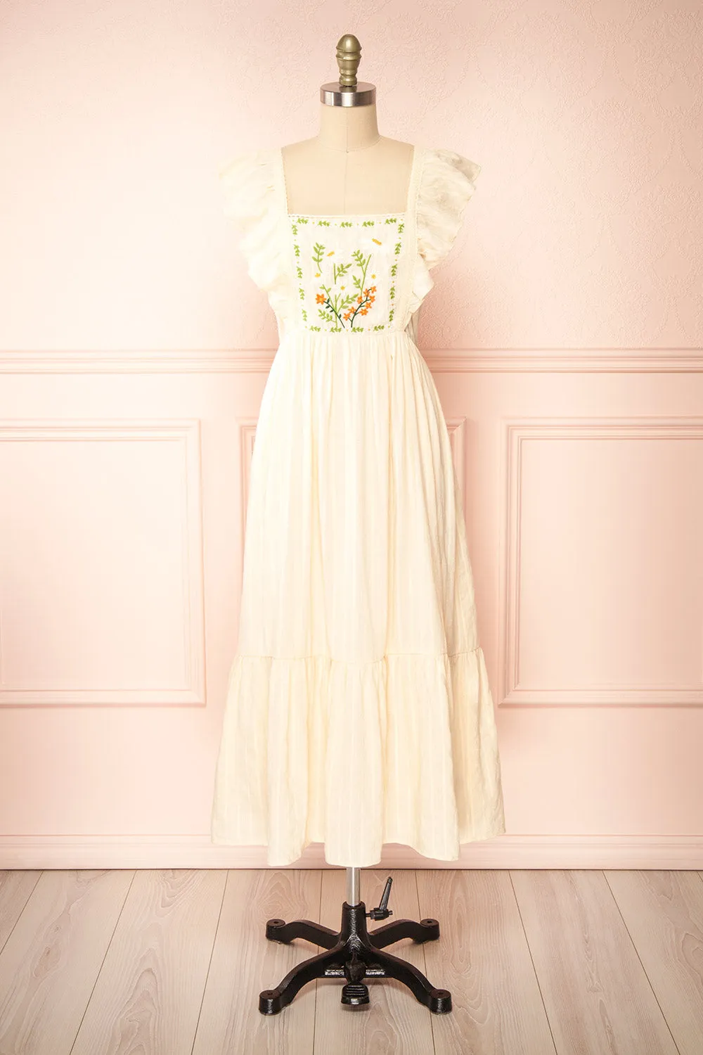 Thora Beige | Midi Dress w/ Floral Embroidery sold by Boutique 1861