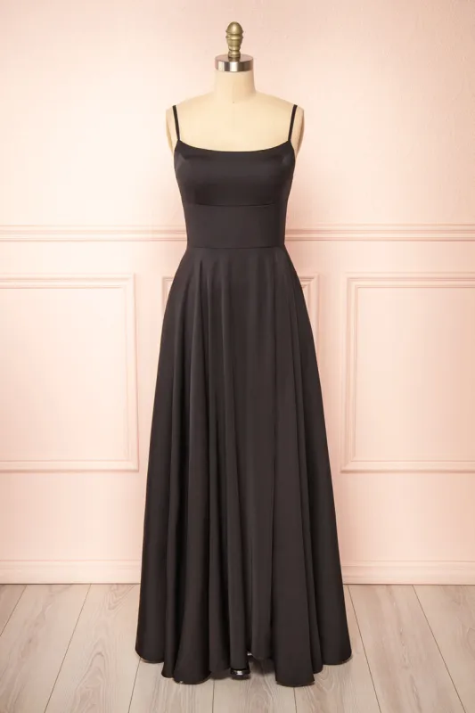 Darcy Black | Maxi Satin Dress w/ Slit sold by Boutique 1861